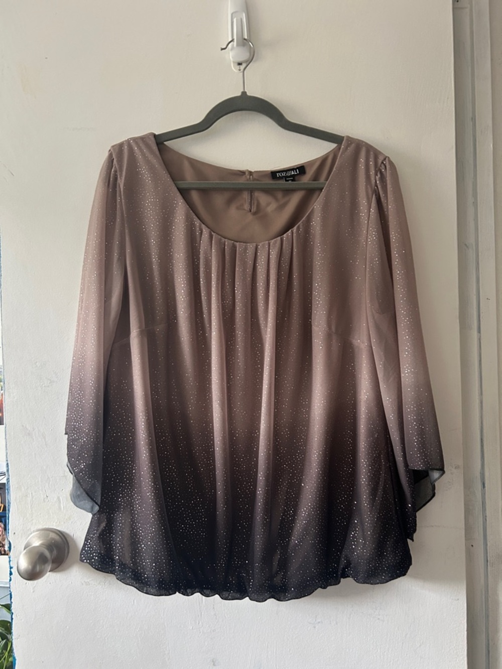 Roz & Ali Taupe-to-Black Ombre Sparkle Chiffon Blouse